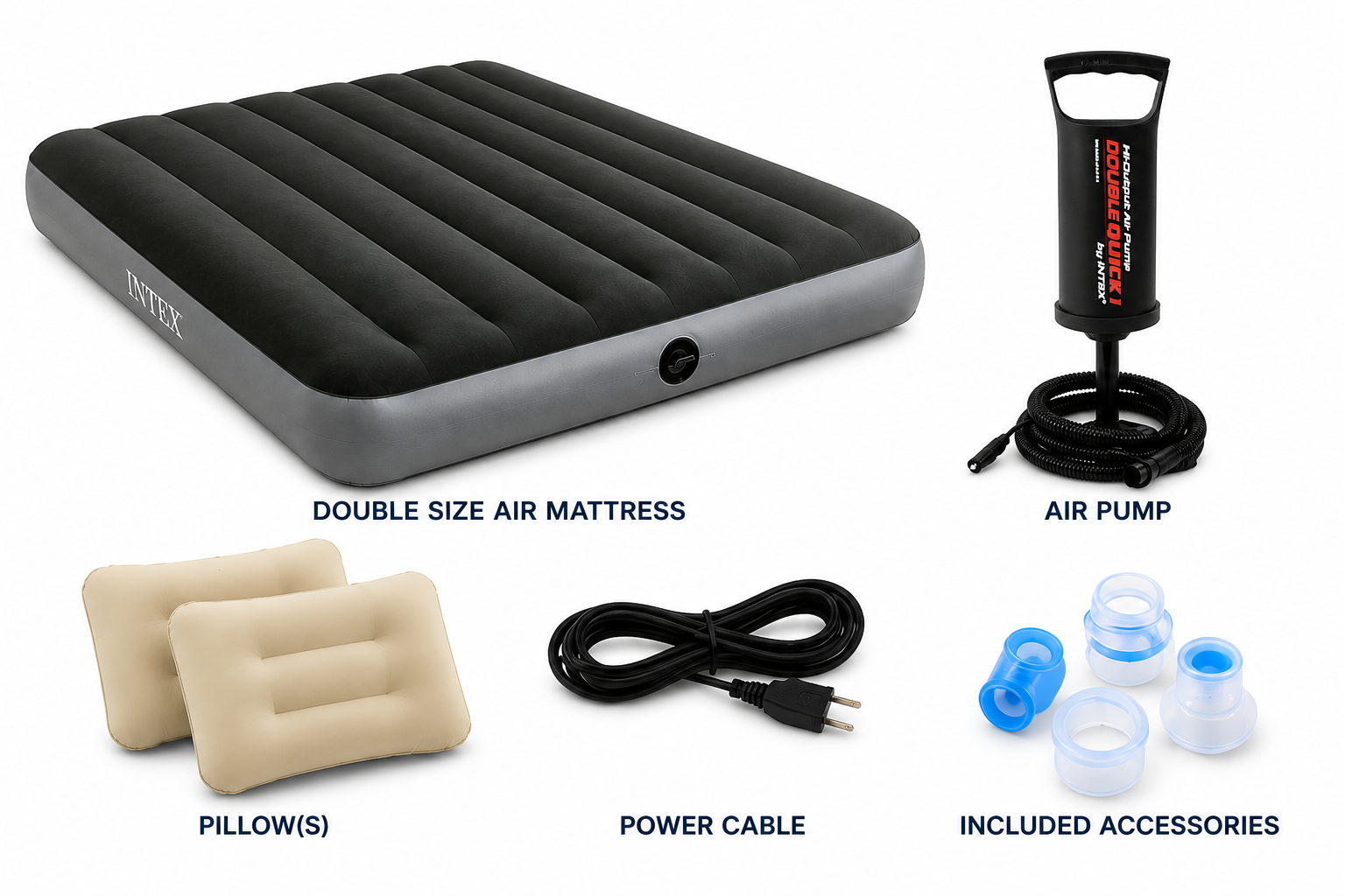 The double-size air mattress with free air pump, pillows, power cable and accessories